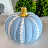 9” Squat Hand Painted Blue + White Draped Garland Pumpkin