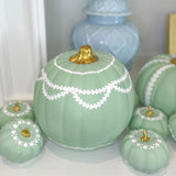 9” Round Hand Painted Green + White Pearl and Garland Pumpkin