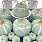 9” Round Hand Painted Green + White Pearl and Garland Pumpkin