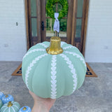 9” Squat Hand Painted Green + White Draped Garland Pumpkin