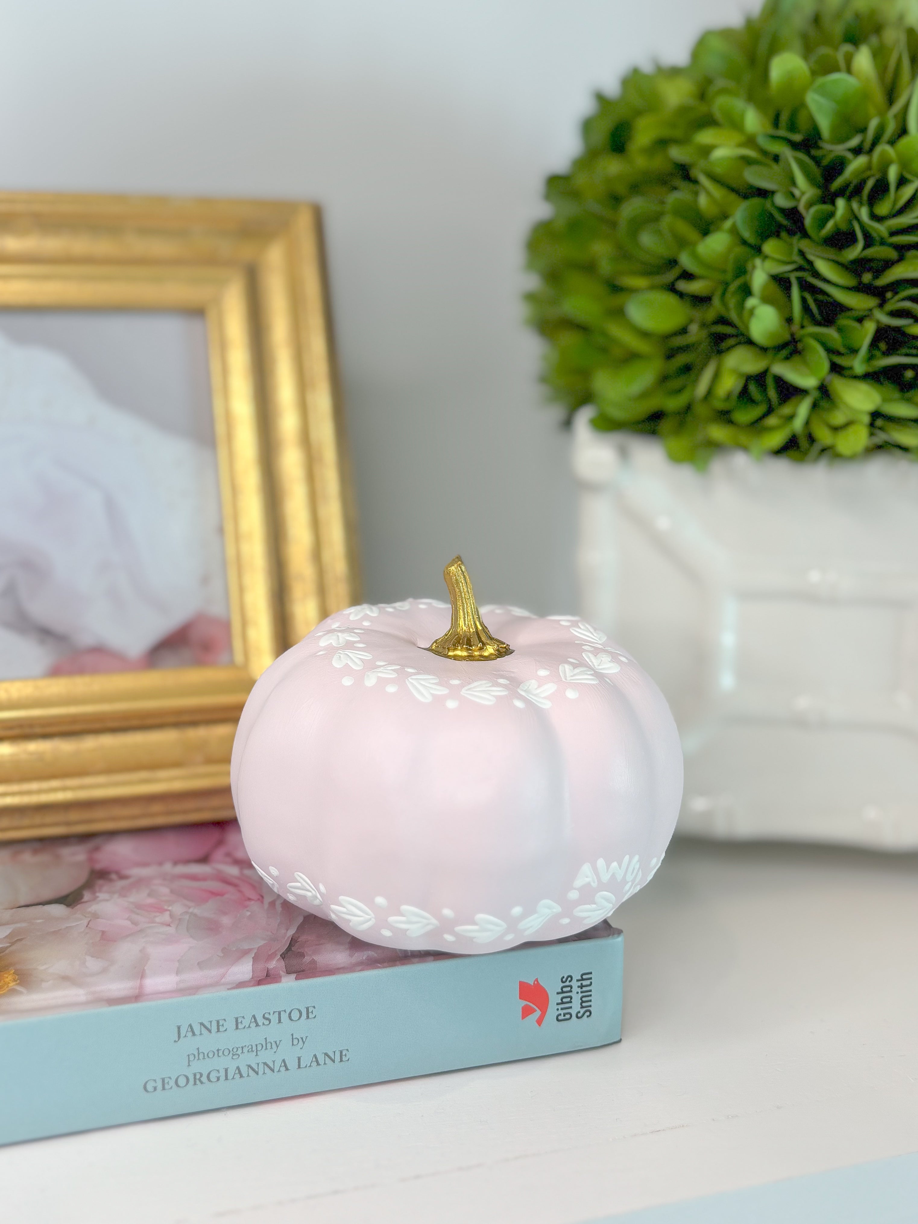 3” Hand Painted Pink + White Boxwood and Berry Pumpkin – Ashley