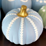 9” Squat Hand Painted Blue + White Draped Garland Pumpkin