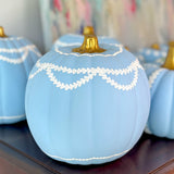 9” Round Hand Painted Blue + White Pearl and Garland Pumpkin