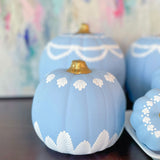 6” Round Hand Painted Blue + White Fern Pumpkin