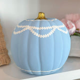 9” Round Hand Painted Blue + White Pearl and Garland Pumpkin